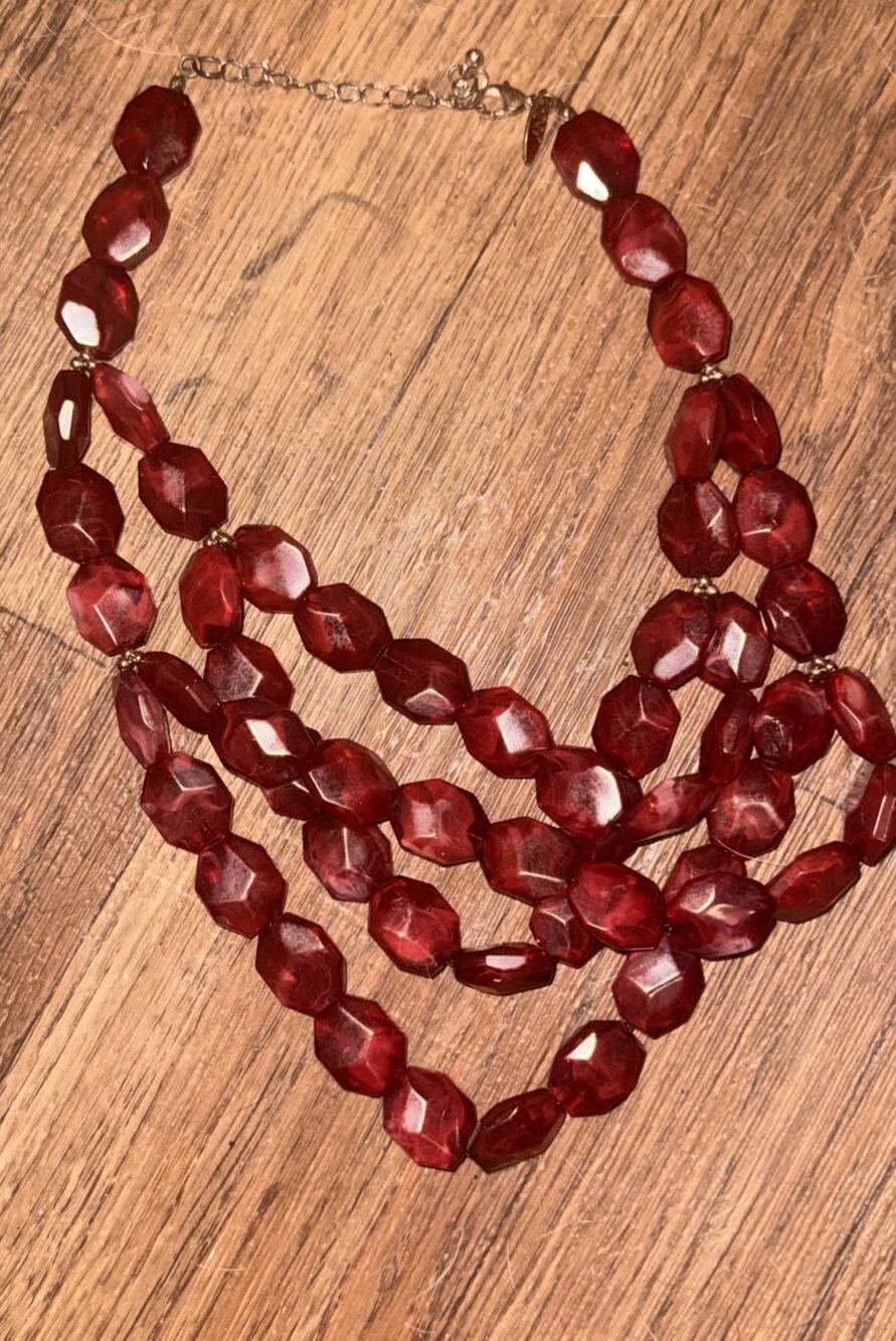 Jones New York Vintage Beaded Necklace Layered Multi-Chain Red , 3 Strand